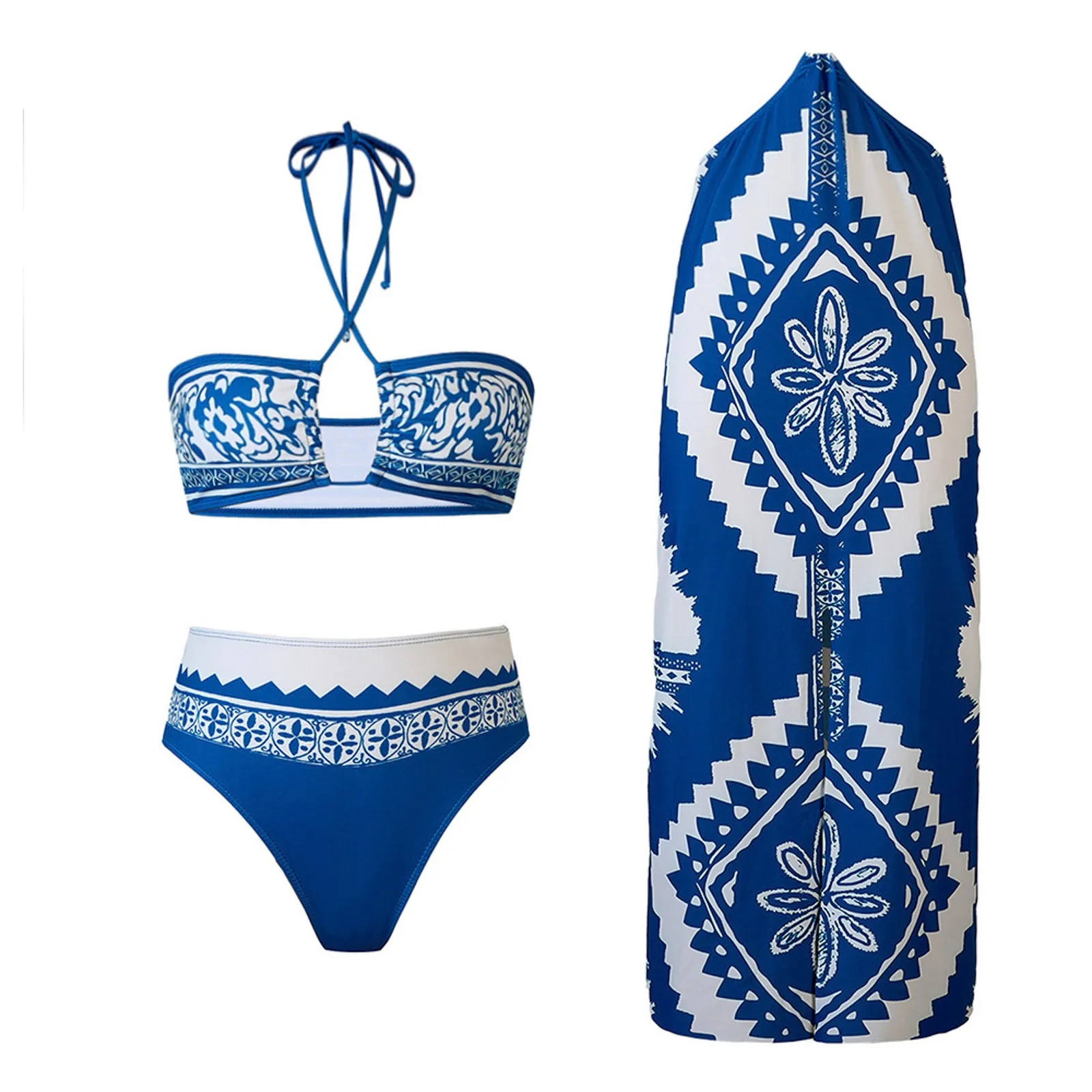 2025 New 3 Pieces Matching Sets With Cover Up Printed Halter Bikini Female Swimsuit Women Swimwear Bikini Set Bather Bathing