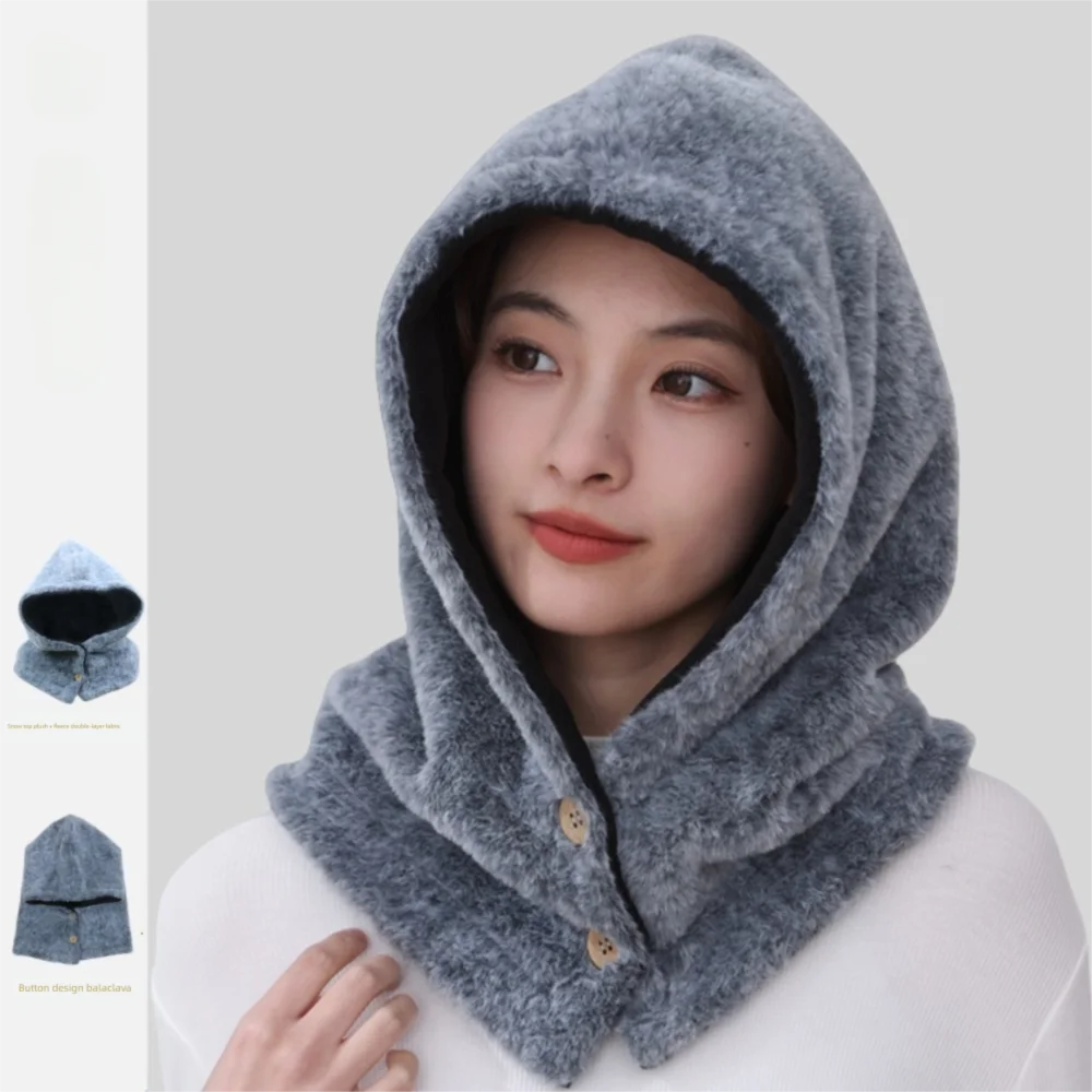 Topi Balaclava Musim Dingin Berbahan Plush dengan Syal Terintegrasi, Pelindung Telinga Hangat, Set Syal Kasual Lembut Berkerudung untuk Pria Wanita