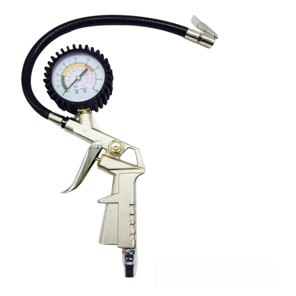 Tire Inflator Air Pressure Gauge With Rubber Hose, Compatible With Air Pump Compressor