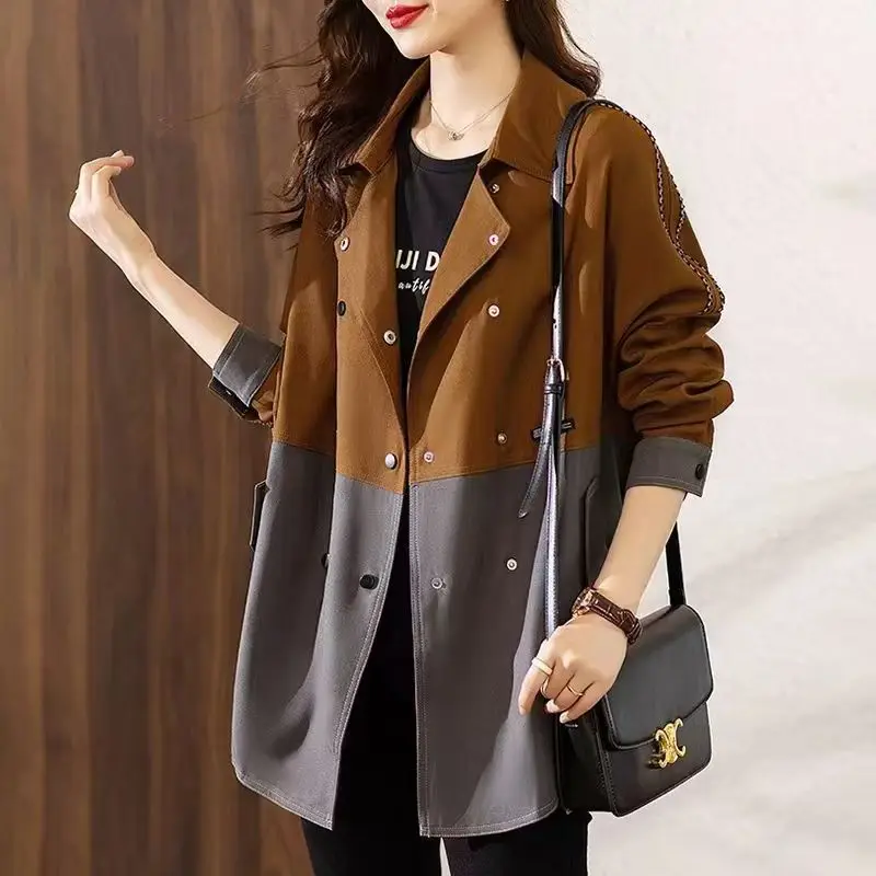 

Women's Trench Coat Fashion Double-breasted Stitching Overcoat New 2024 Spring Autumn Loose Suit Collar Windbreaker