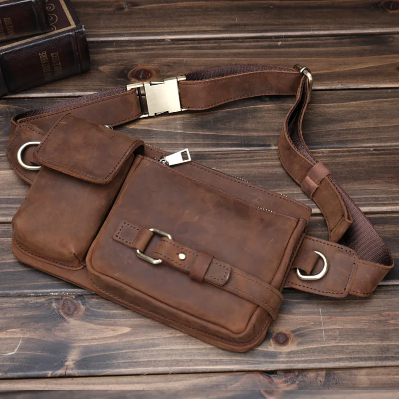 Men's Genuine Crazy Horse Leather Waist Bag Vintage Casual Crossbody Chest Pack, Multi-Functional Cowhide Phone Holder