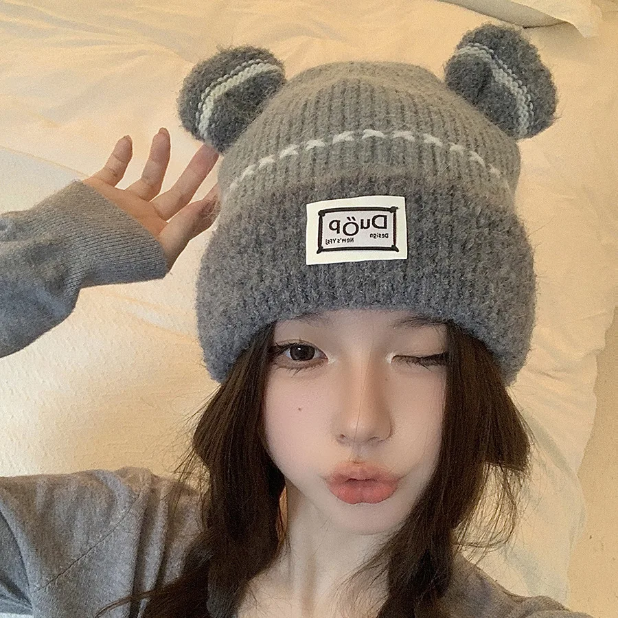 Xiaohongshu Girl Cute Bear Thickened Velvet Knitted Hat Korean Versatile Winter Age-reducing Cartoon Double Ball Wool Hat