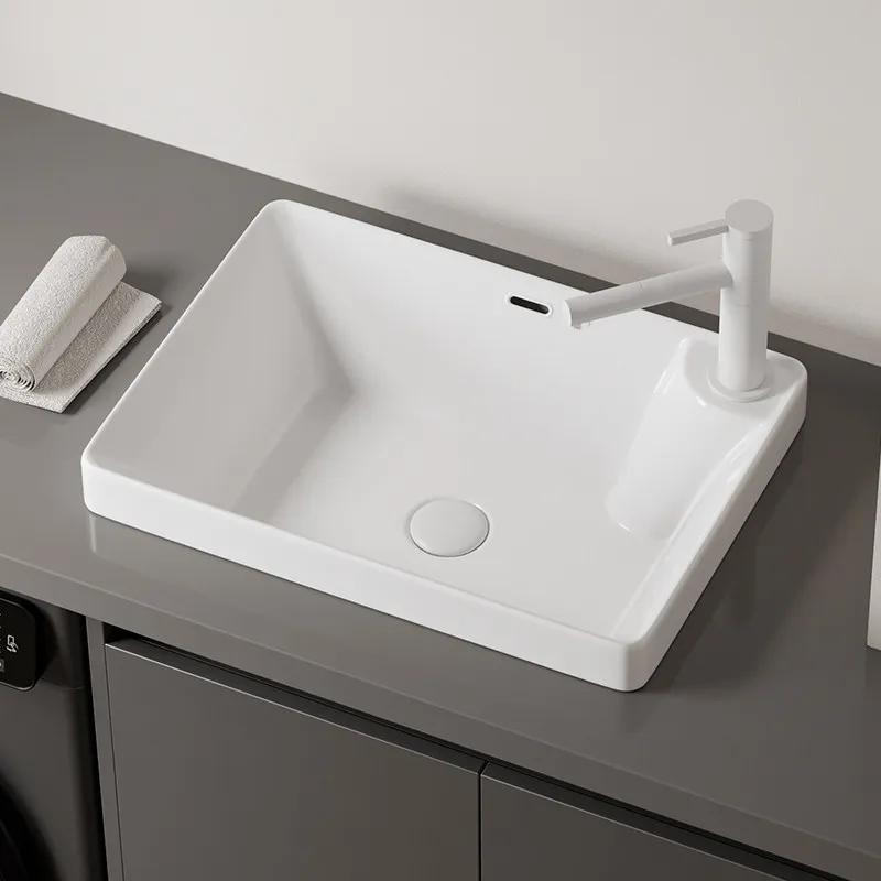 White Ceramic Semi Recessed Sink Rectangular Bathroom Basin Easy Clean Vanity Wash Basin for Home Renovation