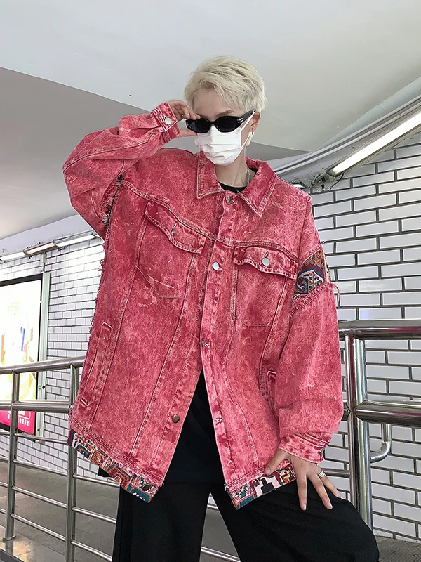 

Casual Sle Patchwork Denim Jaet Men Women Spring Autumn Flip Collar Leisure Coat Trendy Brand Waed out American Cool