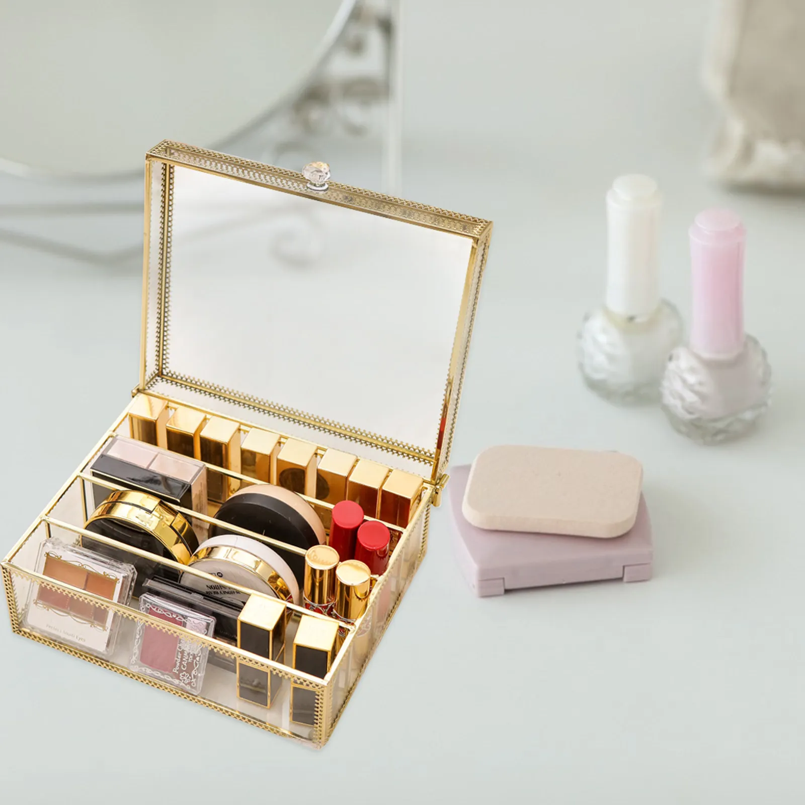 

1Pcs Alloy and Glass Storage Box Desktop Organizer with Lid for Makeup Brushes Lipsticks Skincare Items Space Saving
