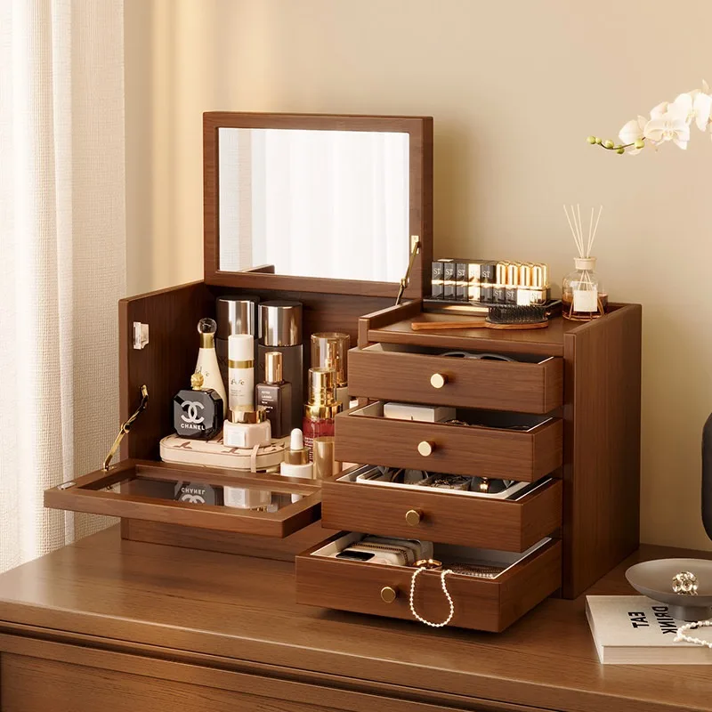 Solid wood cosmetics storage box, desktop perfume, lipstick shelf, dresser, large-capacity skin care product storage shelf.