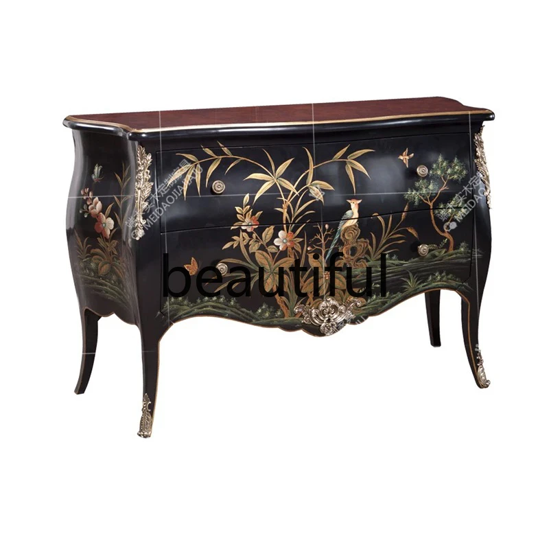 French retro entrance cabinet, European black flower and bird painted double bucket storage decorative cabinet