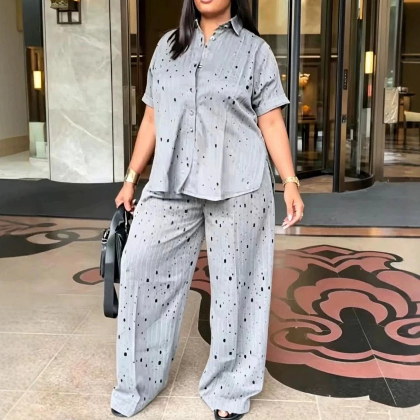 Damen-Hosenset Zweiteiliges Set Umlegekragen Kurzarm-Hemd Gestreifte Weite Lange Hose Hohe Taille Y2k Streetwear Elegant