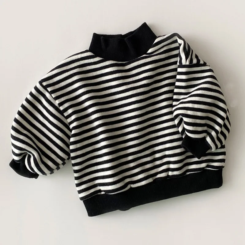 2026 Winter New Baby Striped Sweatshirt Plus Velvet Thicken Kids Warm Hoodie Loose Boys Casual Sweatshirt Fashion Girls Tops