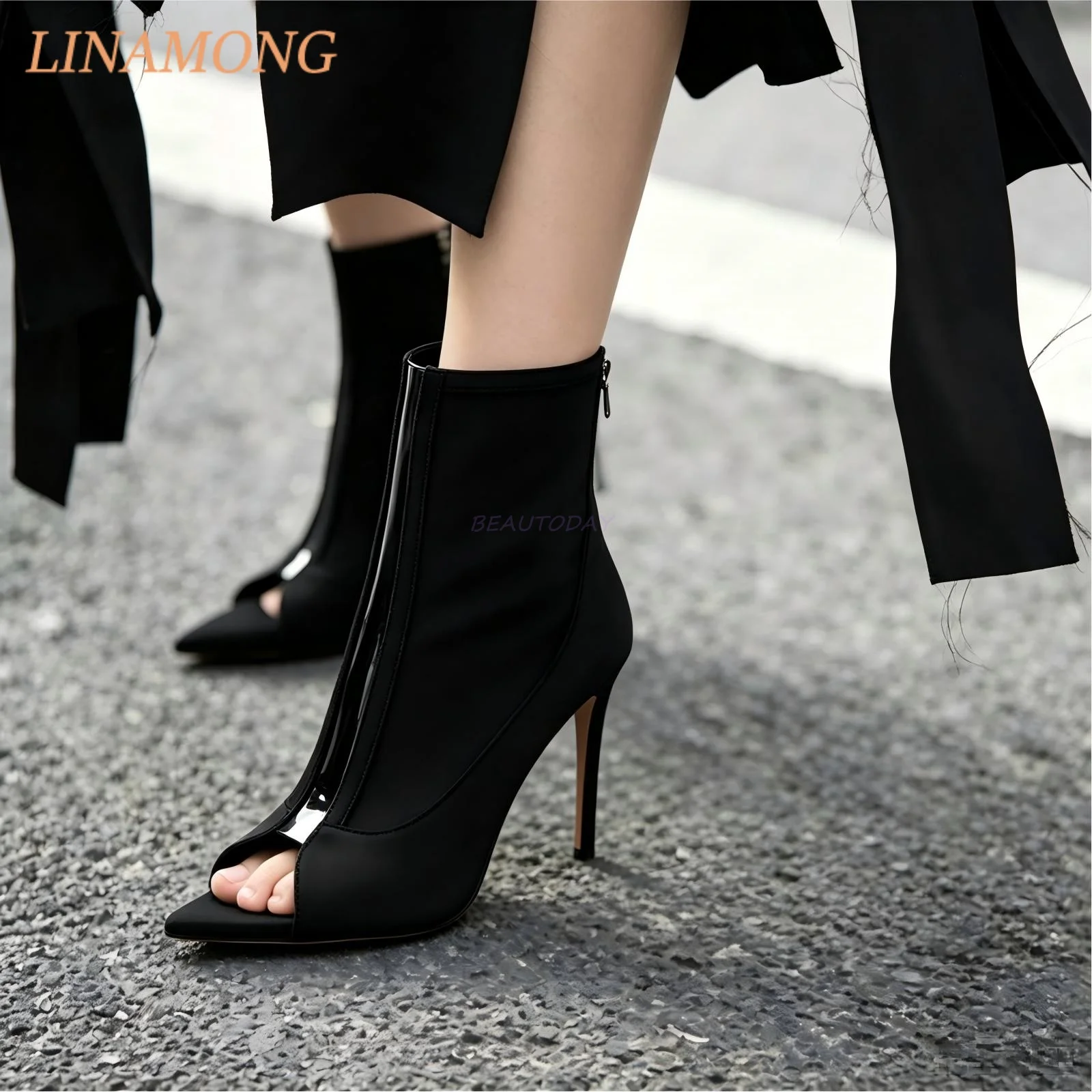 Women Peep Toe Stiletto Ankle Boots Glossy Panel Stretchy Fabric Rear Zipper Thin High Heel Female Fashion Cutout Short Boots