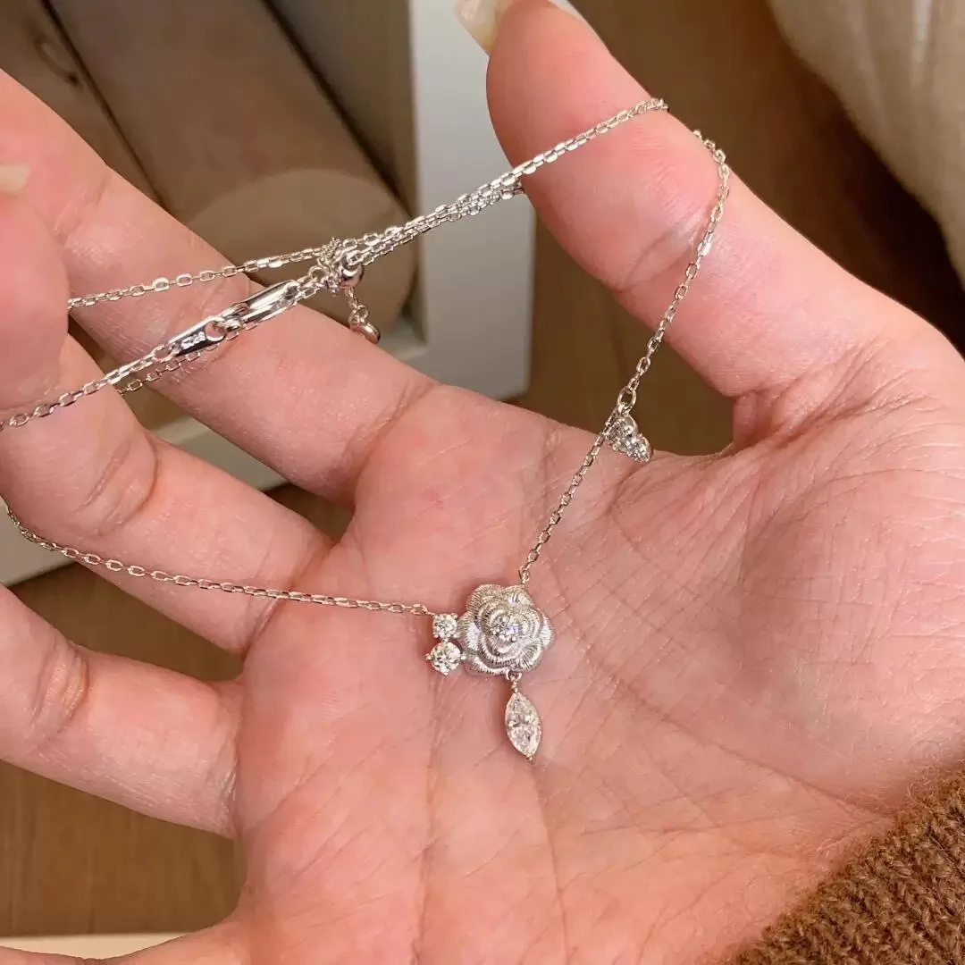 الرجعية الإناث قلادة 925 فضة مزدوجة نحى روز زهرة قلادة قلادة للنساء كاميليا سلسلة Collares مجوهرات