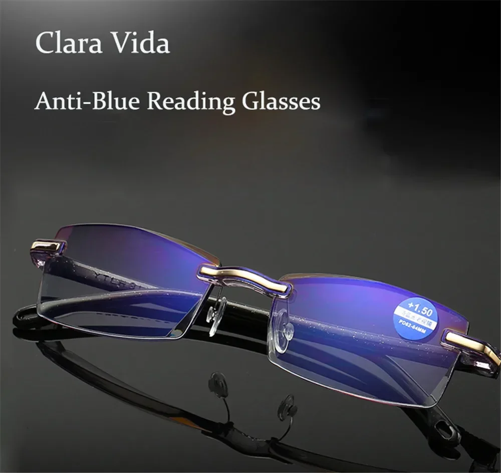 

Clara Vida Rimless Anti Blue Reading Glasses Portable Presbyopia Fashion Eyeglasses for men for women +1.5 +2 +2.5 +3 +3.5 +4