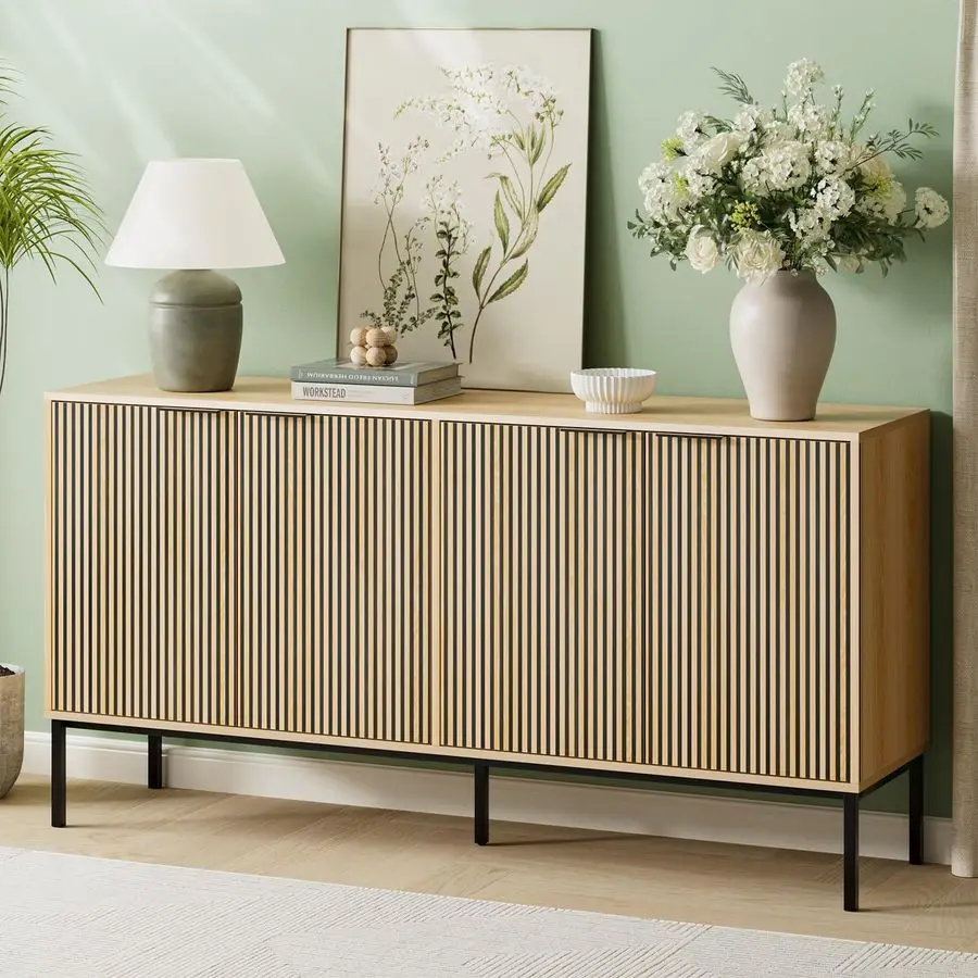 

Буфетный шкаф с 4 дверцами, кухонный акцентный шкаф для хранения 63 предмета с регулируемыми полками, квадратные трубчатые стальные ножки, деревянный буфет