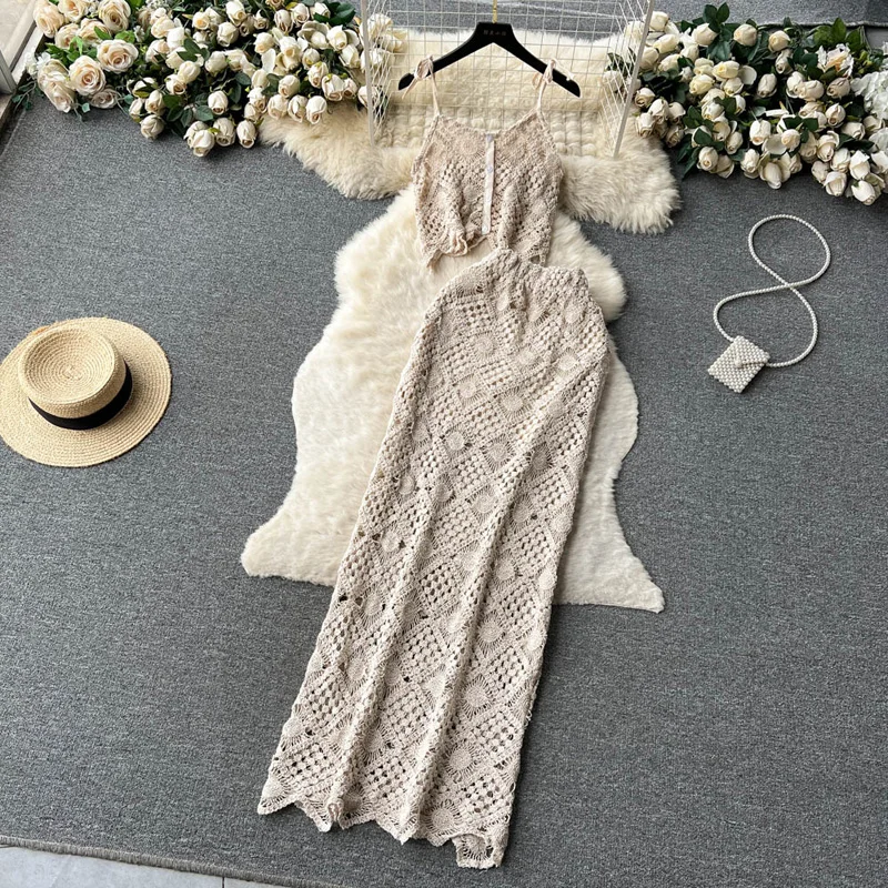 Boring Honey Solid Colors Hollow Out Chic And Elegant Women Set Edible Tree Fungus Round Collar Crop Tops Women Split Long Skirt