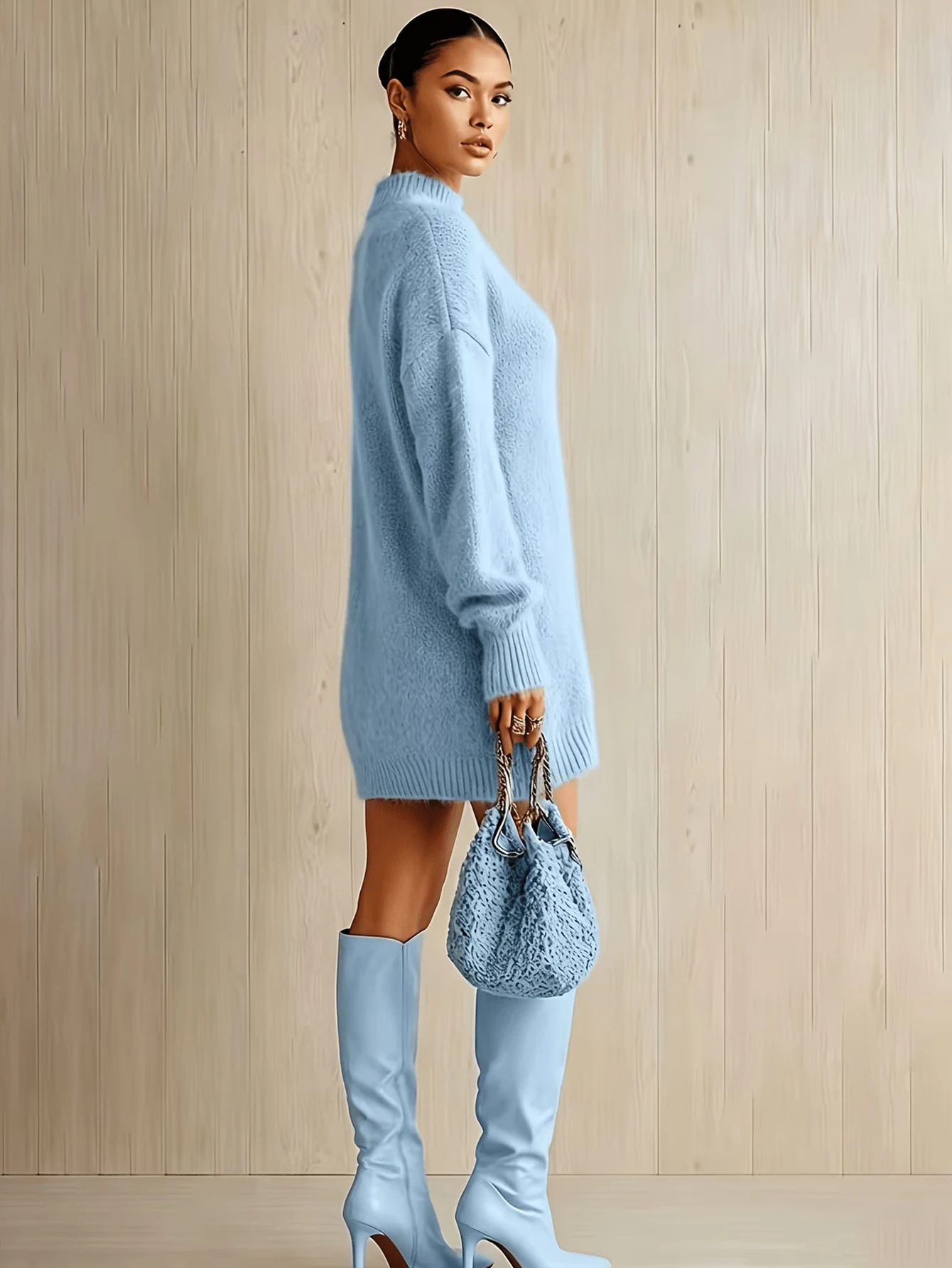 Damen-Plüsch-Halbrollkragen-Pulloverkleid, Herbst/Winter Lässiges Kurzes Kleid mit Lockerer Passform – Detail 7