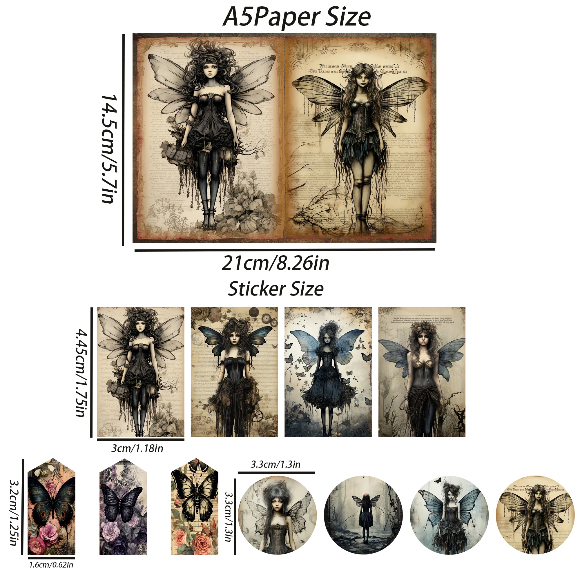 JAI IMAN 58pieces(12papers+46stickers) Gothic Butterfly Fairy Scrapbook Paper Set,Perfect for Journal Supplies,Junk Journal Kits