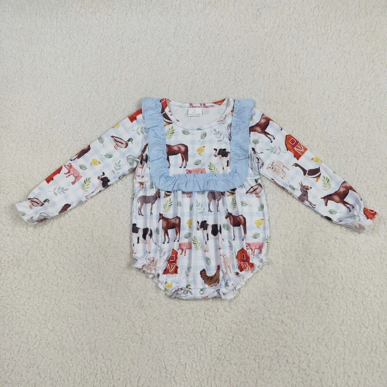 

Wholesale Infant Children Farm Animals Long Sleeves Girl Blue Ruffle Romper Toddler Baby Kids Clothes Newborn Coverall Bodysuit