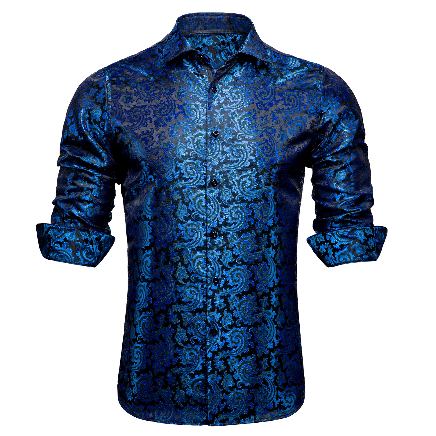 Hi-Tie Navy Blue Mens Shirts Long Sleeve Dress Causal Shirt Blouse for Male Wedding Gift Party Ofiice Work High Quality