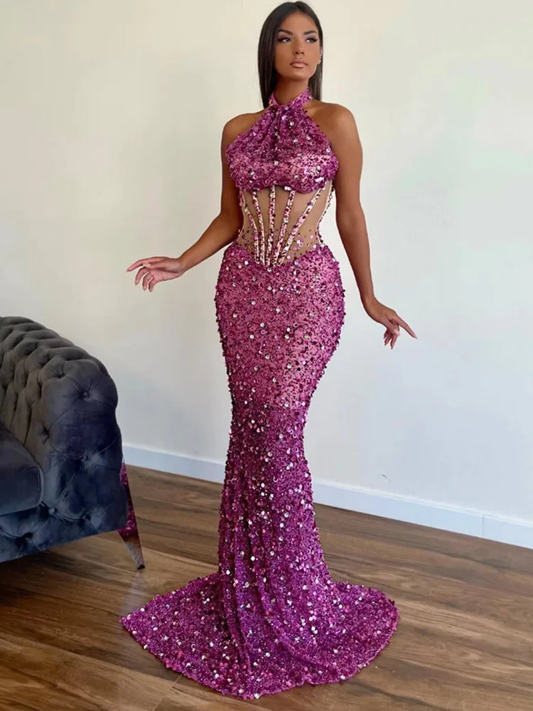 

Luxury Prom Gowns Women Rose Pink Turtleneck Sequined Glitter Sparky Maxi Long Birthday Celebrity Evening Party Formal Dress