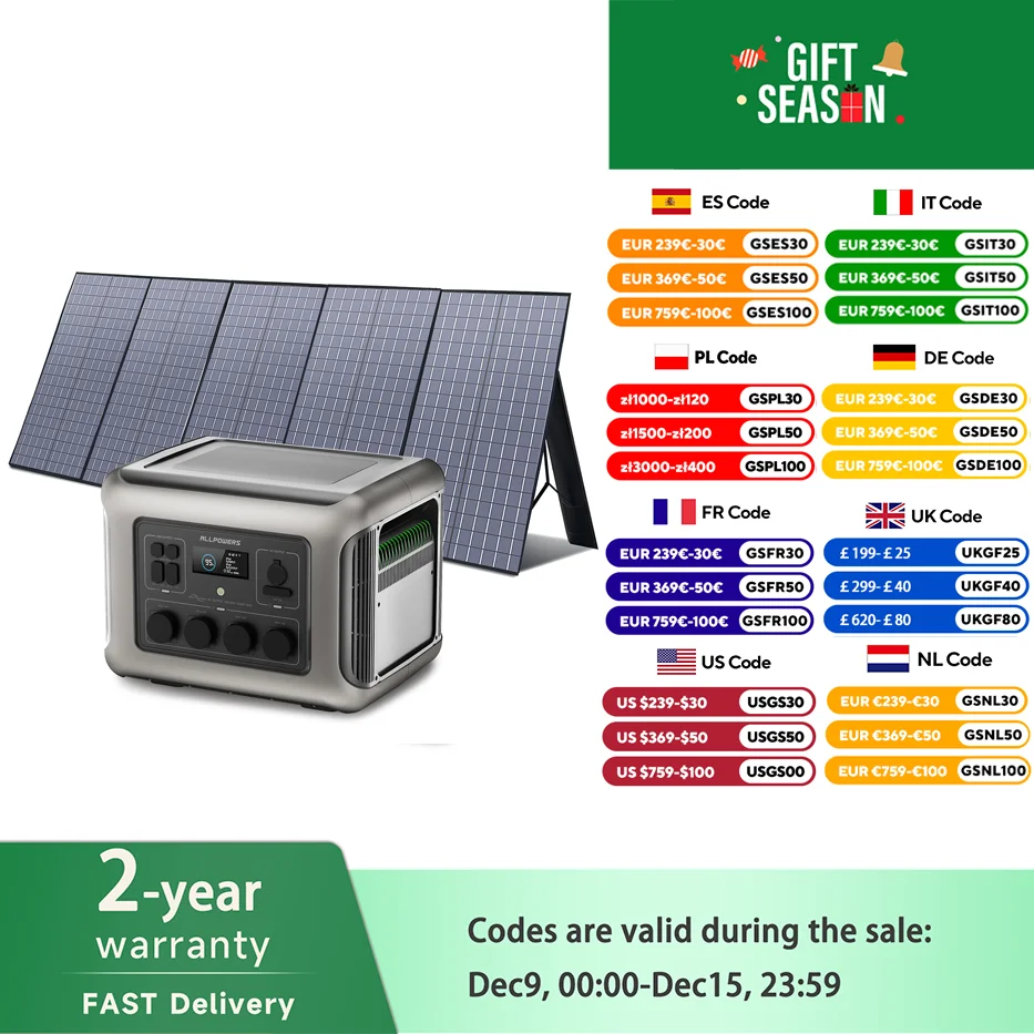 ALLPOWERS Panel solar plegable 400W / 2X400W Cargador solar con salida solar, estación de energía solar portátil LiFePO4 de 2016Wh 2500W