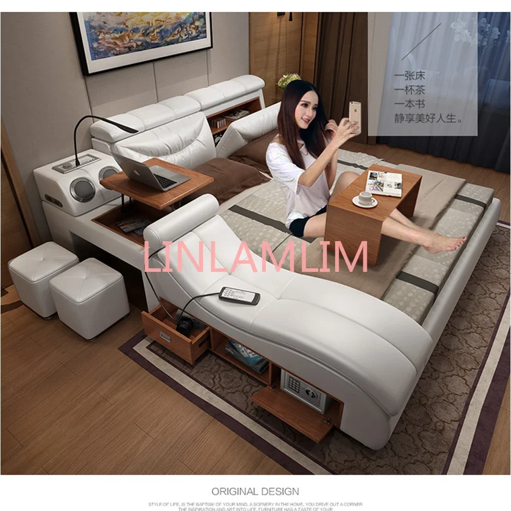 Genuine Leather multifunctional massage bed frame Nordic camas ultimate bed LED light Bluetooth speaker safe door to door