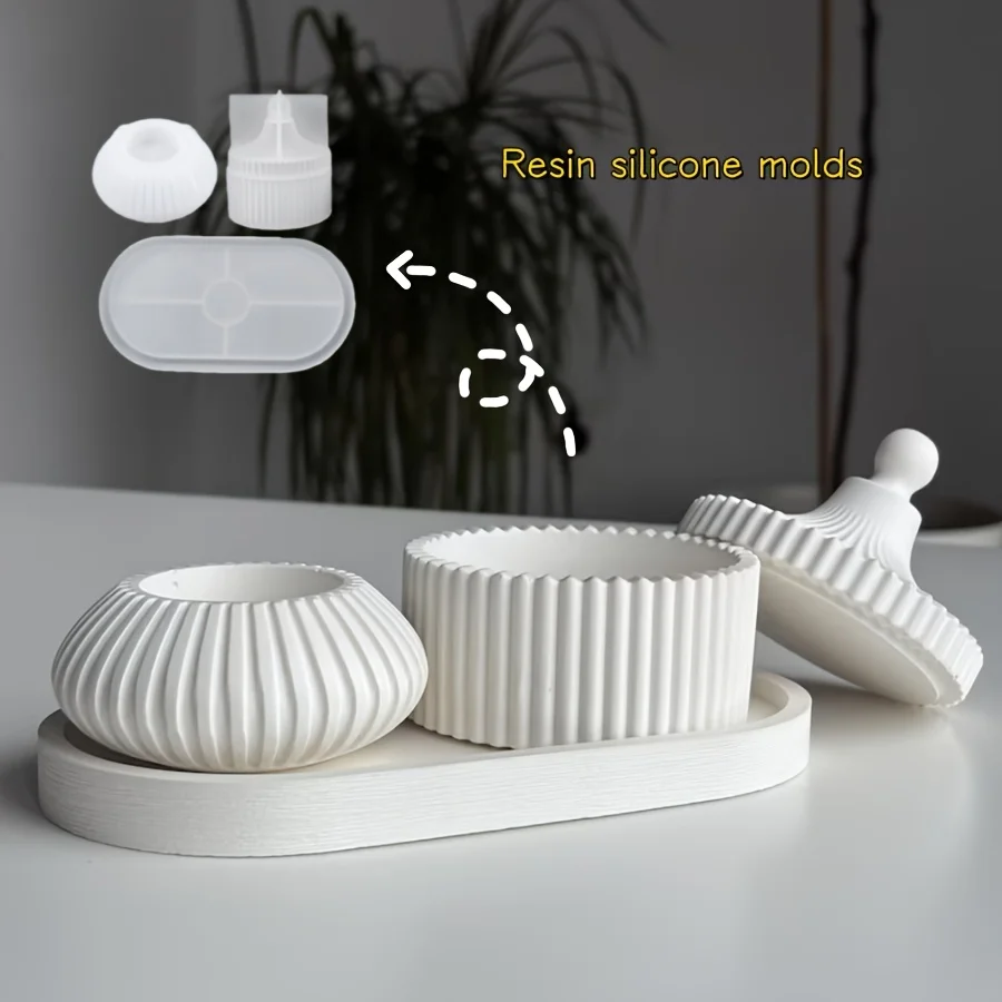 Resin Silicone Mold 4pcs Resin Mold | Striped Storage Box,Spherical Candle Holder,Elliptical Tray Set | Silicone Home Decoration
