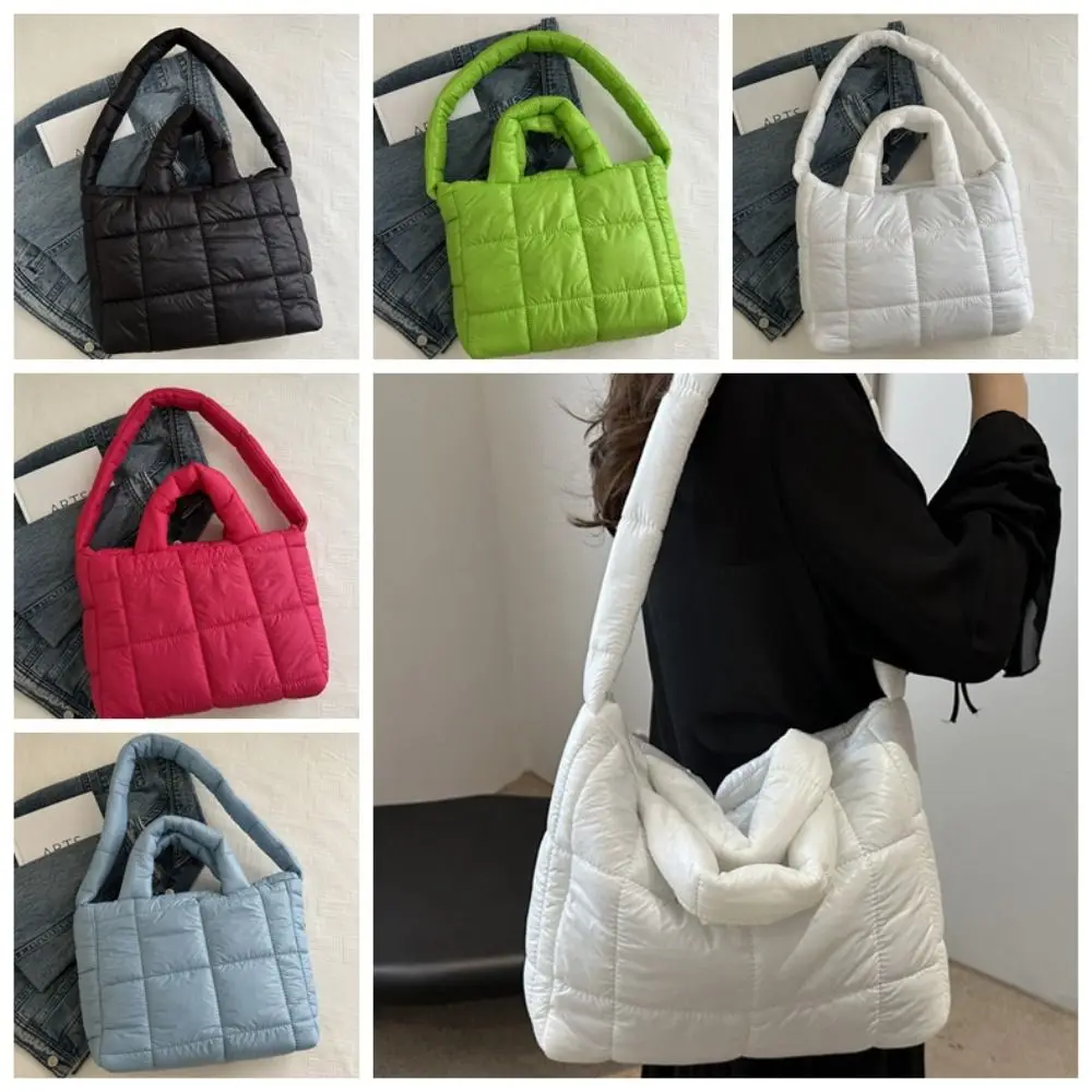 

Fashion Nylon Space Cotton Handbag Solid Color Large Capacity Cloud Tote Bag Handle Square Puffy Shoulder Bag Girls