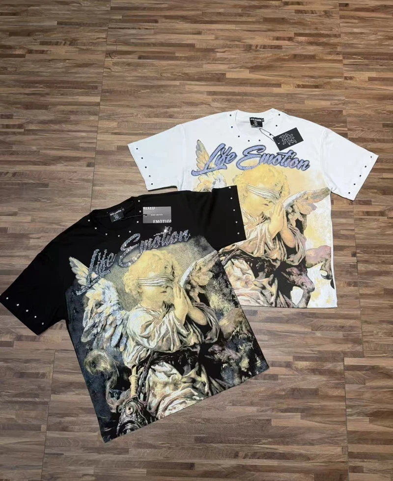 Strass-Engel-Grafik Kurzarm-T-Shirt für Männer und Frauen, Cropped Oversize Hip-Hop Y2K Streetwear, Rote Casual Tees Tops aus Baumwolle – Detail 5