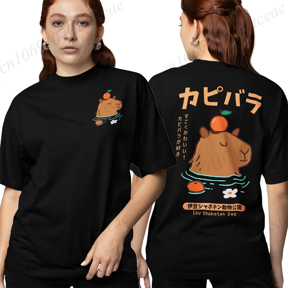 Capybara Onsen Shirts for Women Cartoon Anime Capybara with Orange T-shirts Capybara Lover Clothes Japanese Fashion Streetwear