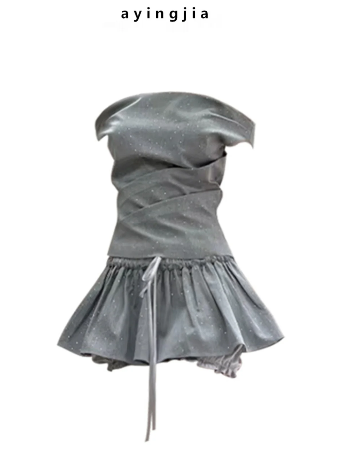 

Retro Pleated Stackable One Shoulder Slimming Sequin Top Satin Puffy Flower Bud Skirt Pants Fashionable Summer Outfit Set