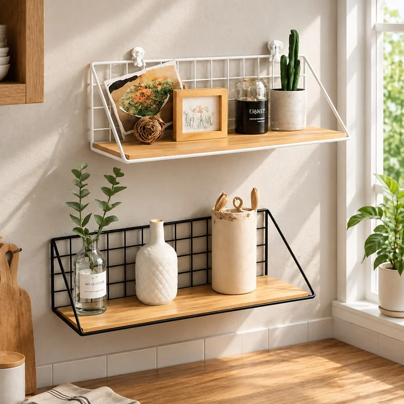 Wooden Wall Shelf with Storage Basket, Easy Mounting, Ideal for Bedroom and Living Area Organization