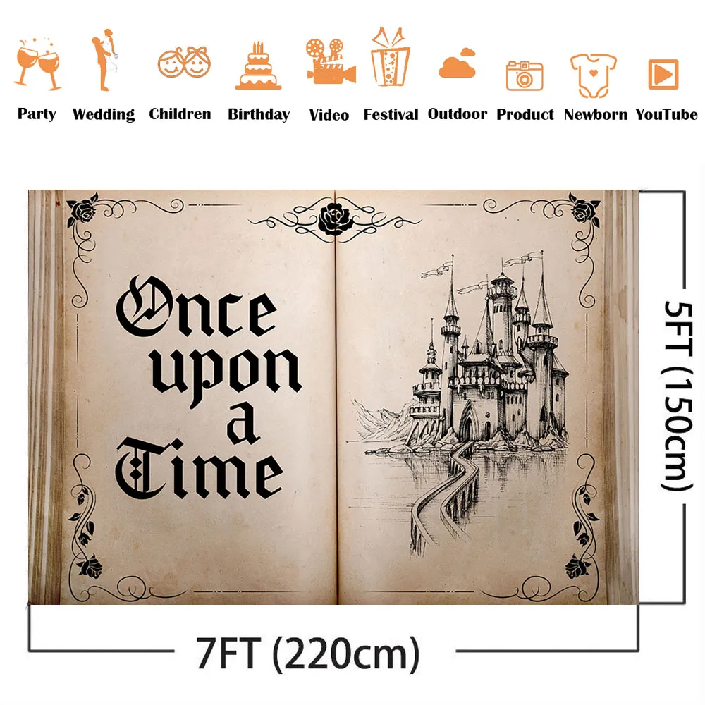 Fairy Tale Books Backdrop Old Opening Book Once Upon a Time Ancient Castle Princess Romantic Story Photo Background Birthday