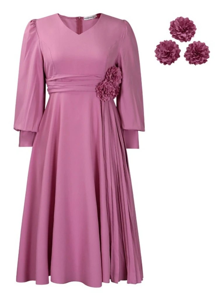 Vestido medio holgado rosa elegante para mujer, cuello en V, diseño de flores 3D, manga abombada, oficina, noche, cumpleaños, 2025