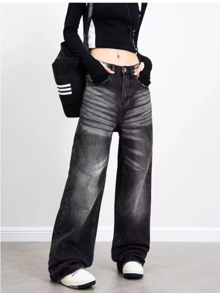 Hot Girl Baggy Jeans Femenina Y2k Street Vintage Washed To Make Old Fried Straight Wide-Leg Denim Pants Women Black Baggy Jeans