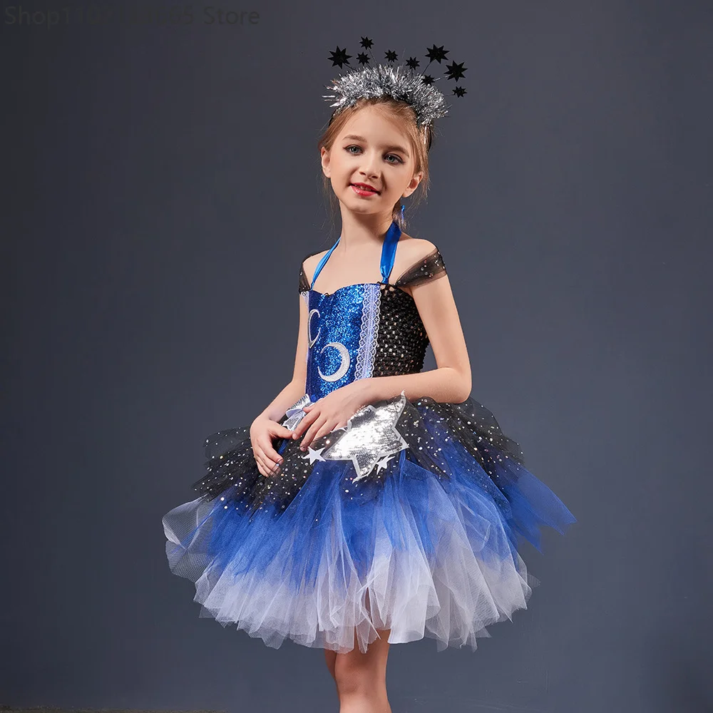 

Stunning Glittering Galaxy Chicas Tutu Dress Night Sky Stars Moon Niños Halloween Costume Sparkly Pageant Gala Party Ball Gown