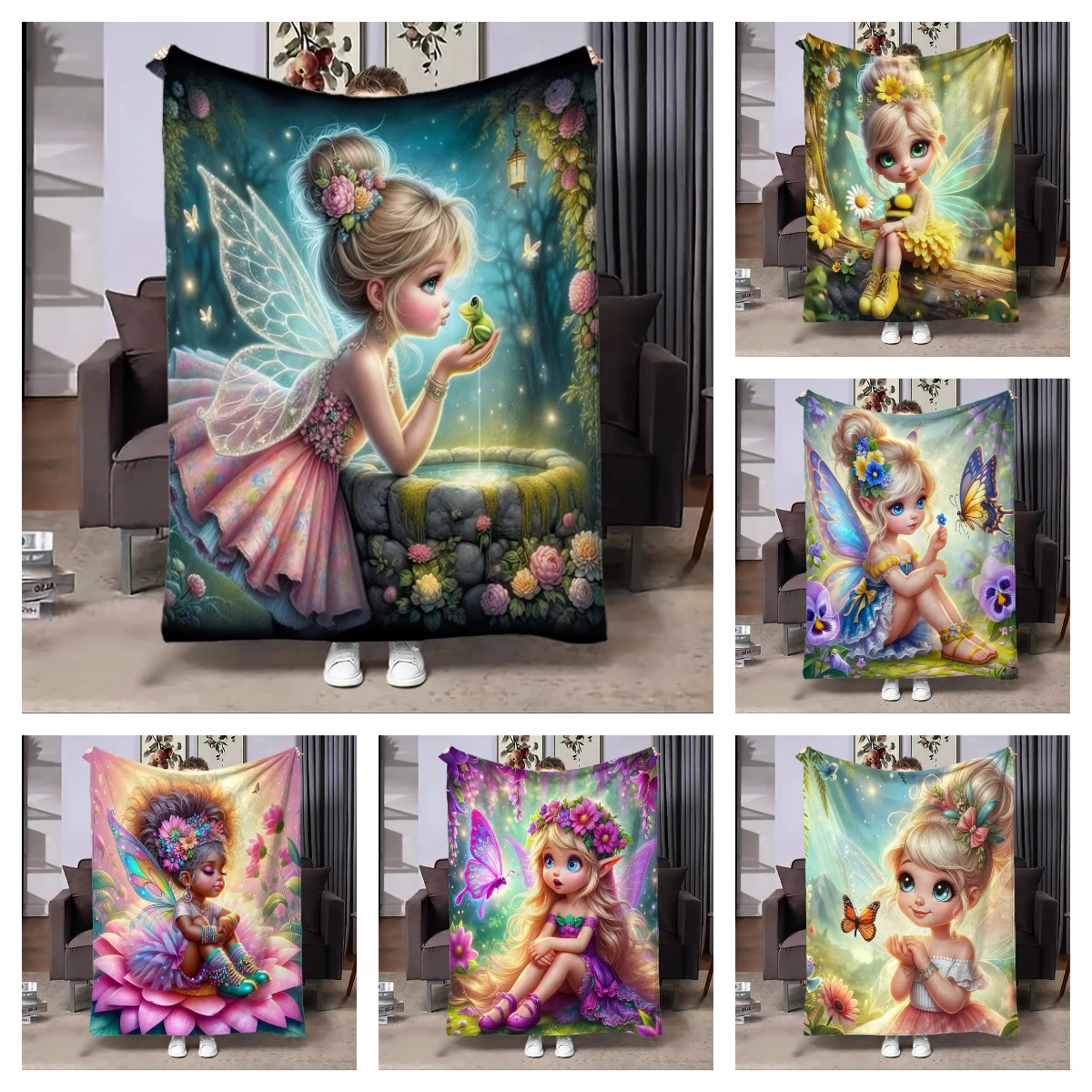 

Cute Girl Elves Cartoon Blanket Soft Throw Print Blanket for Home Bedroom Bed Sofa Bed Camping Picnic Travel Office Blanket Gift