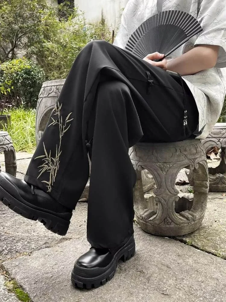 

New Chinese Sle Light National Trend Bamboo Embroidery Pants Men Summer Thin Ice Silk West Pants Straight Loose Drapey Wide...