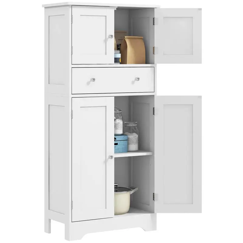 Armario de cocina tipo buffet con compartimentos, estantes ajustables, cajón, 60 x 30 x 128 cm, blanco