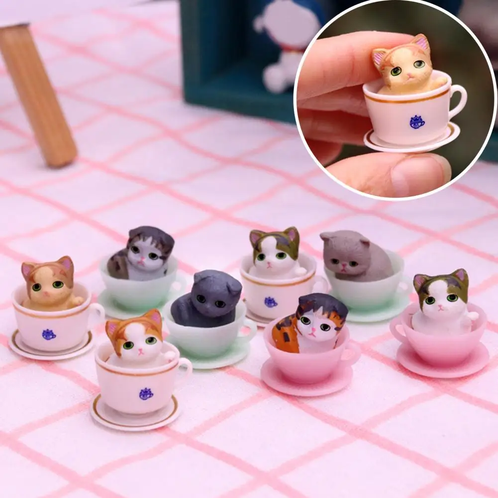 8Pcs Interesting Animal Figurine  Collectible Creative Animal Miniature  Cake Topper Teacup Cat Figurine
