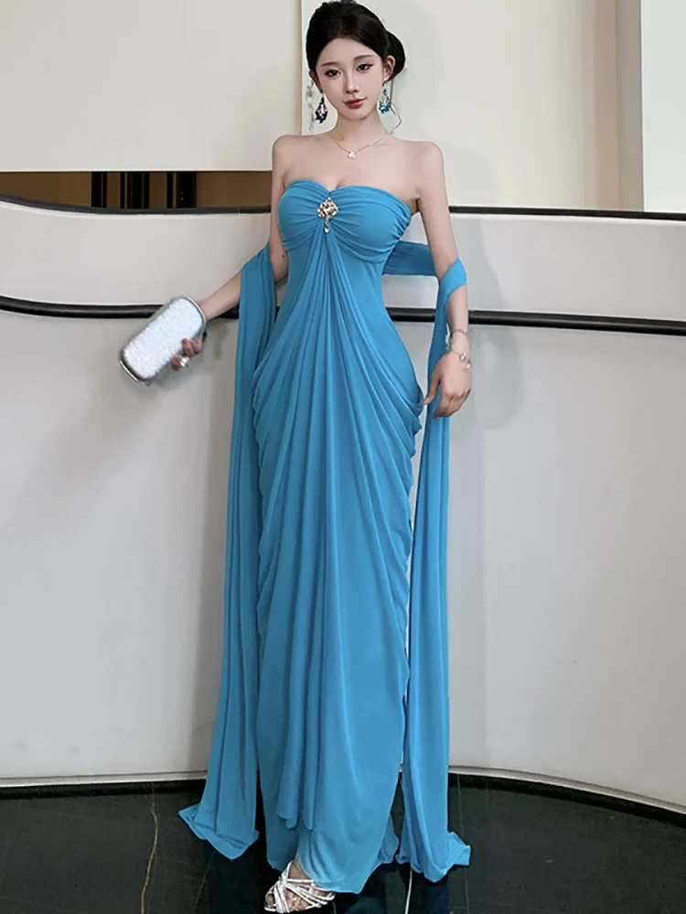 

Women Blue Mesh Pleated Chic Diamonds Chest Wrapping Dress Summer Elegant Casual Dress 2026 Korean Fashion Luxury Evening Dress