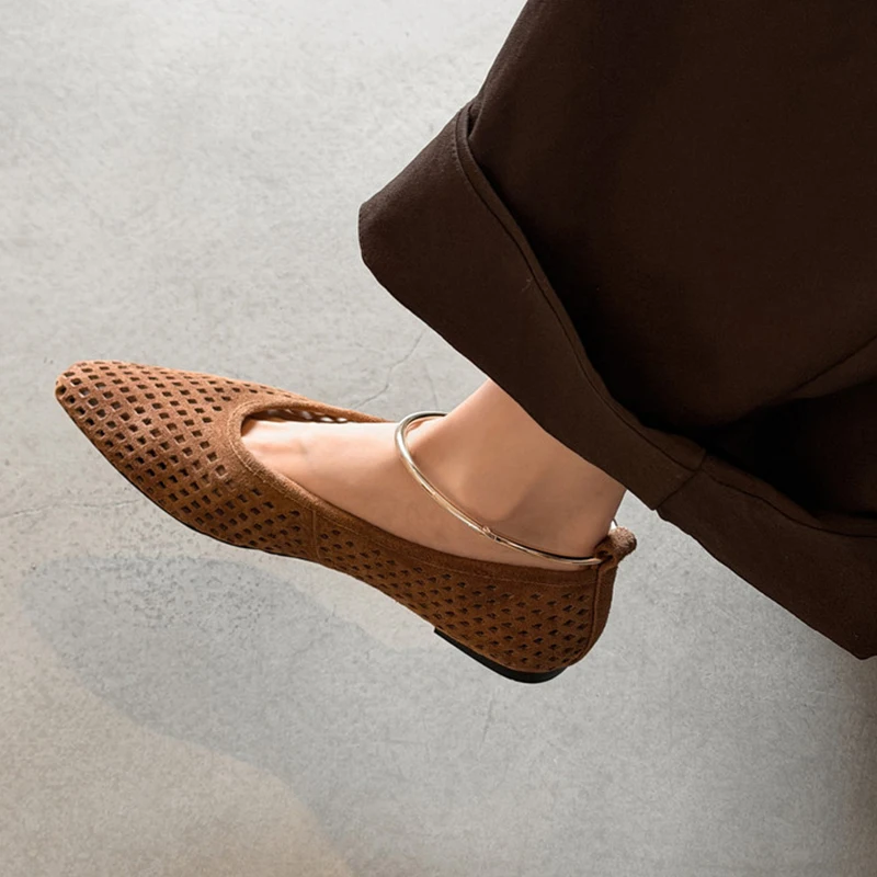 Women's Leather Flats with Ankle Strap - Office Casual Shoes