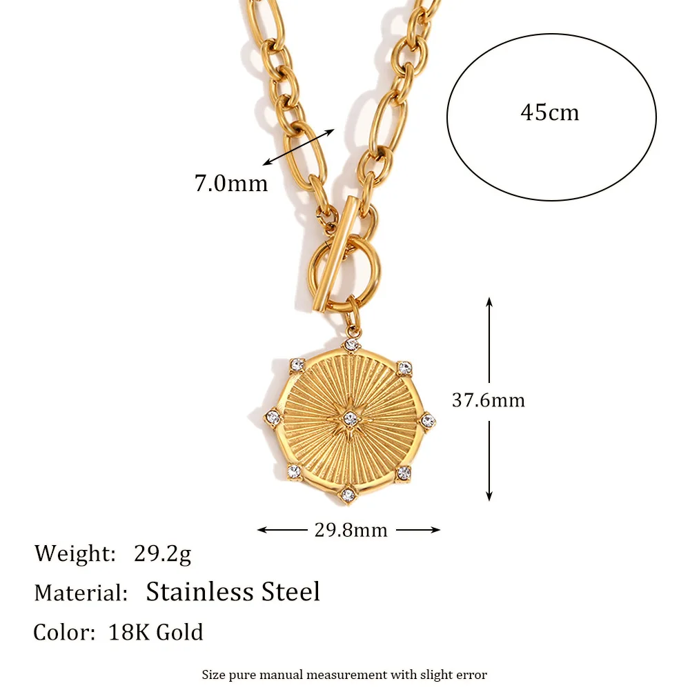 Ins 18K Gold PVD Plated Stainless Steel Eight-Pointed Round Pendant  Necklace For Women  Jewelry Gift Waterproof