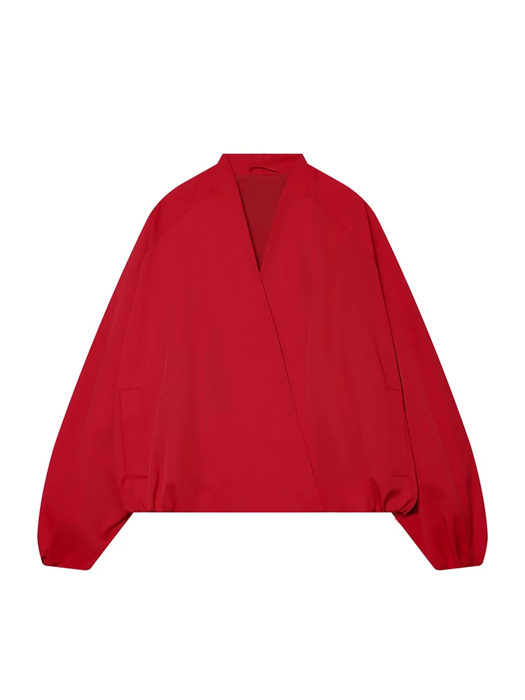 TFMLN Fashion Red Short Bomber Jacket For Women Loose Fit V Collar Long Sleeve Coat 2026 Spring Autumn Female Street Outerwear - view 3