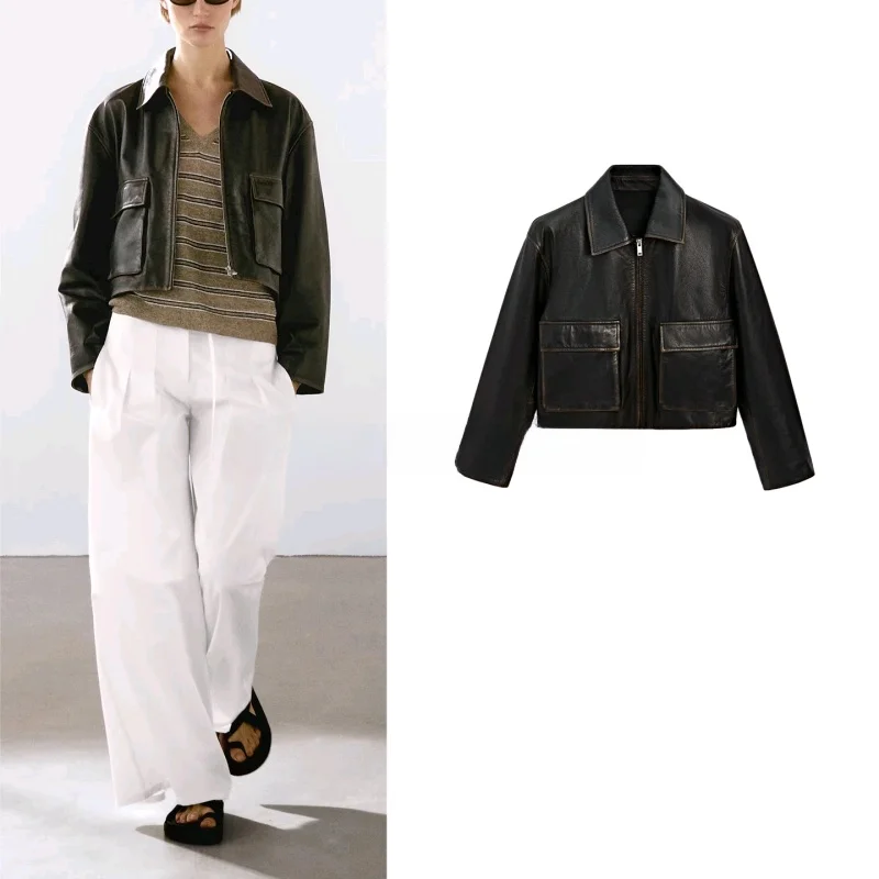 Damska kurtka jesienna z imitacji skóry PU, luźny krój, ozdobna, idealna do dojazdów do pracy.