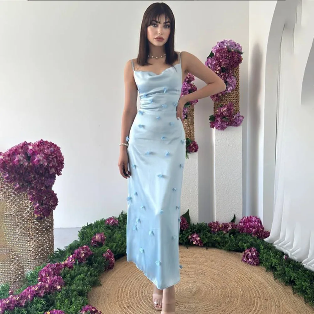 

High Quality Customized Sleeveless Appliques Blue Ankle Length Thin Suspenders Women Robe De Soirée Femme Chic Vestidos De Gala