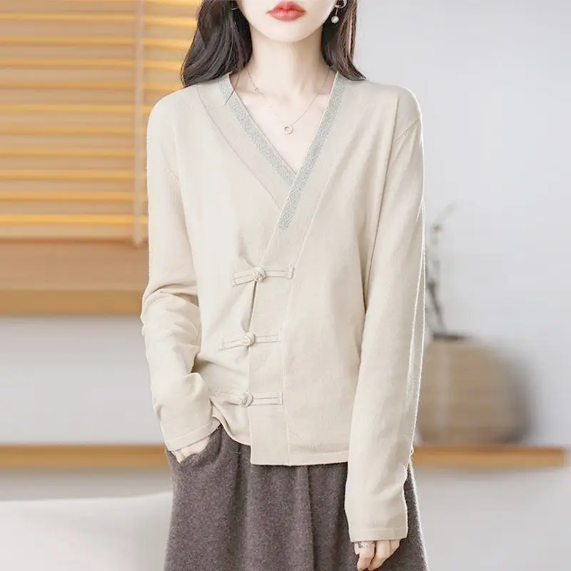 Autunno e inverno maglione allentato con scollo a V retrò con bottoni a Tand giacca da donna a maniche lunghe con scollo a V in stile cinese
