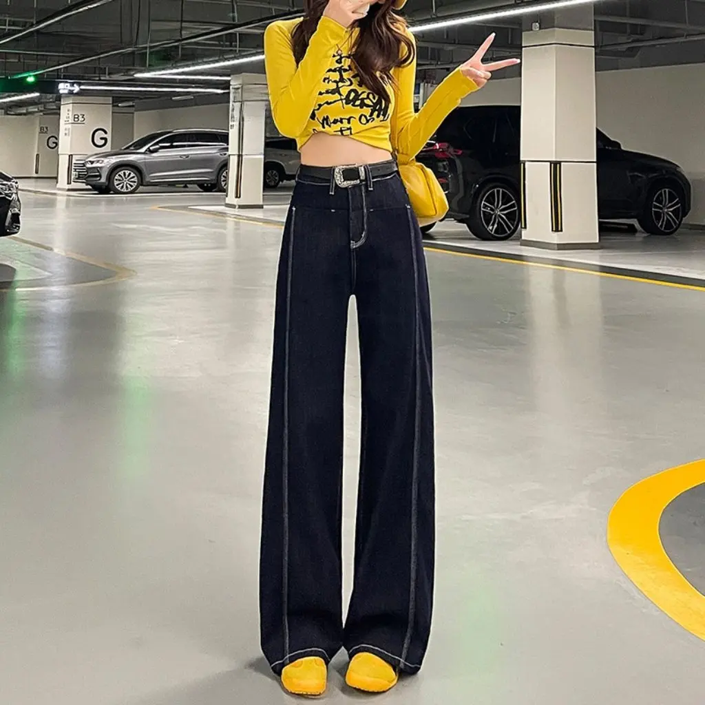 กางเกงยีนส์ขากว้างสีเข้มสำหรับผู้หญิง เอวสูง ทรงหลวม ใส่ได้หลากหลาย สไตล์ลำลอง สำหรับแฟชั่นฤดูใบไม้ร่วงและฤดูหนาว