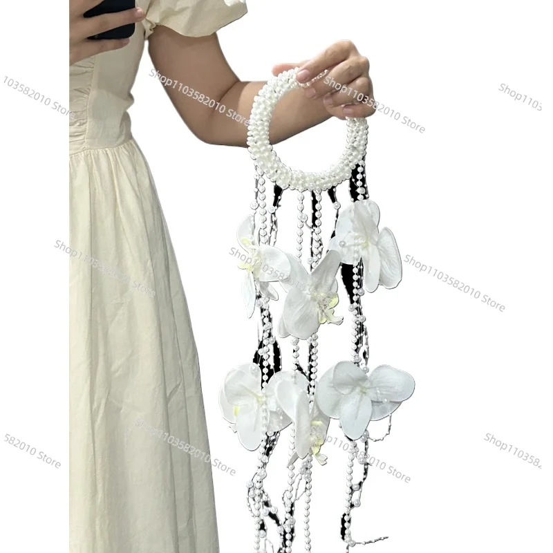 Vintage Phalaenopsis Pearl Waterfall Hand Carry Flower Bride Hand Bouquet Wedding Photo Accessories Hand Carry Flower