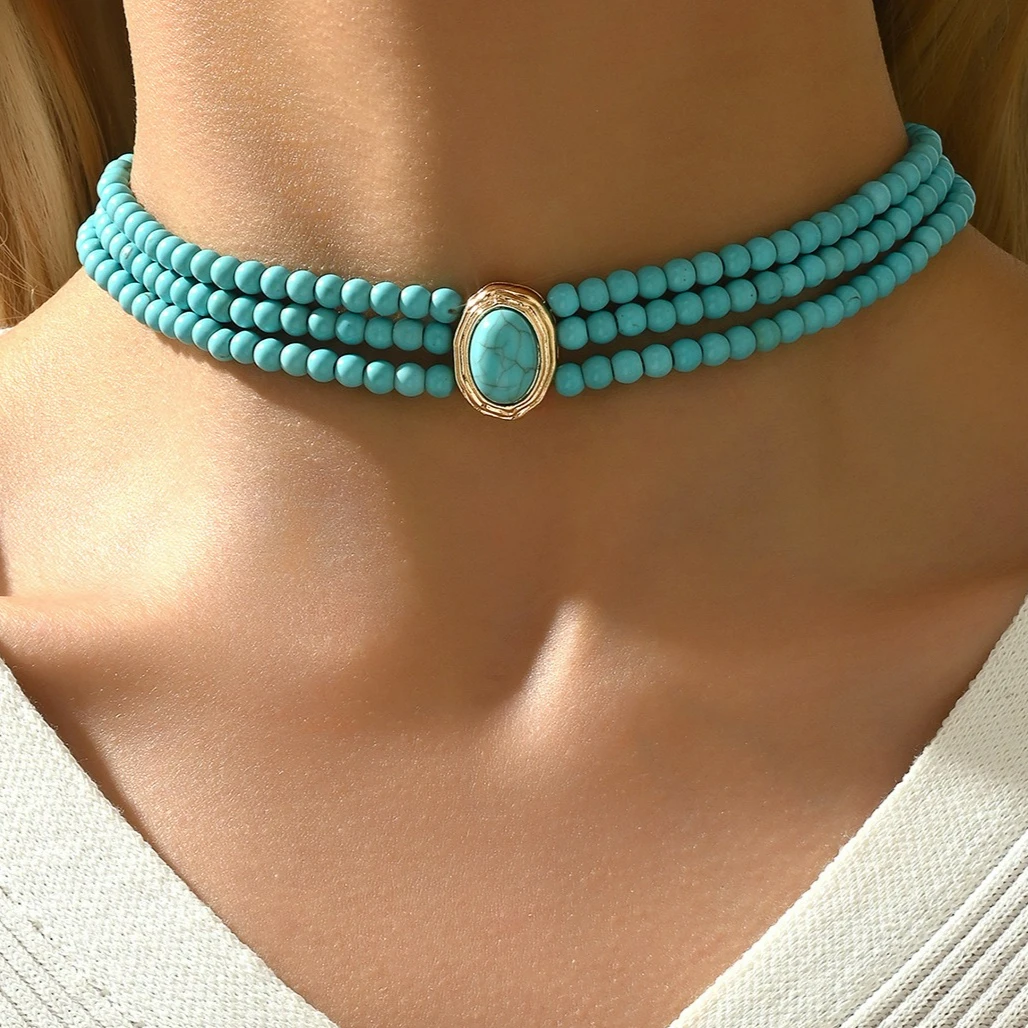 

Женское ожерелье из геометрических бусин в стиле ретро — бирюзовый акцент, многослойный минималистичный вид, длинные украшения из сплава на ключицу