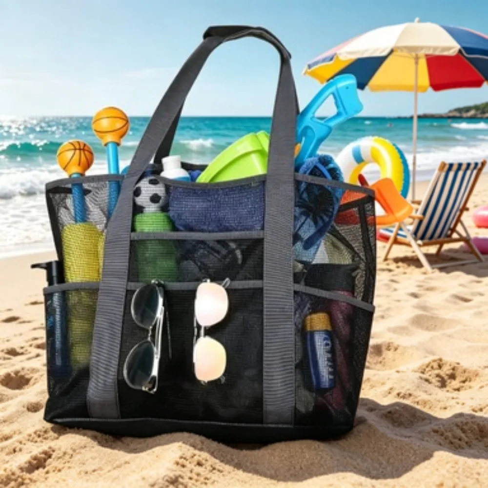 Giant Capacity Beach Tote Bag Lightweight Waterproof Foldable Zipper Travel Bag with Mesh Straps for Pool Gym Shopping Outdoor